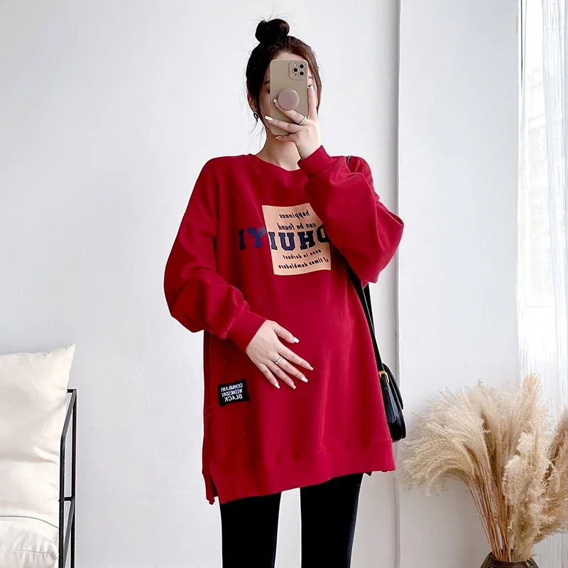 Autumn Fashion Maternity Hoodies Side Split Long Sleeve O-neck Long Loose Pregnant Woman Sweatshirts Beautiful Printing Jackets