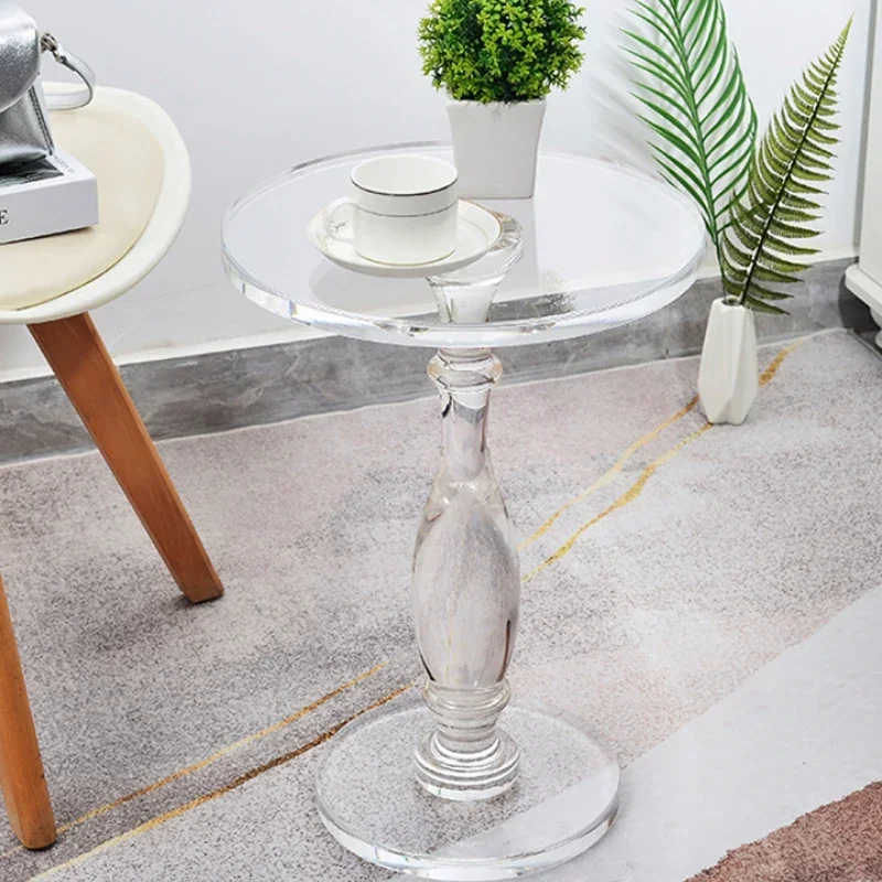 Acrylic Transparent Coffee Table Solid Roman Column Small Round Table Anti-Tip Crystal Side Table for Living Room Balcony