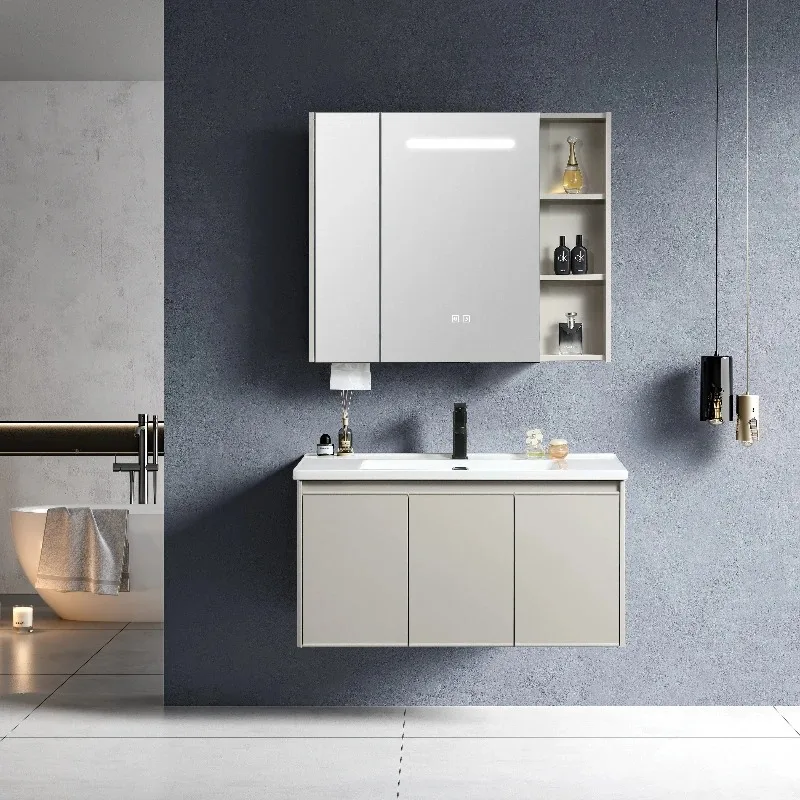 

Modern oak wall-mounted smart mirror bathroom vanity with durable waterproof design for commercial and residential use