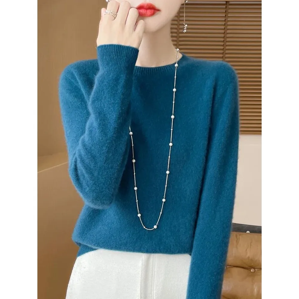 

Женский свитер из 100% мериносовой шерсти на осень-зиму, однотонный, теплый, удобный, дышащий, модный женский трикотаж