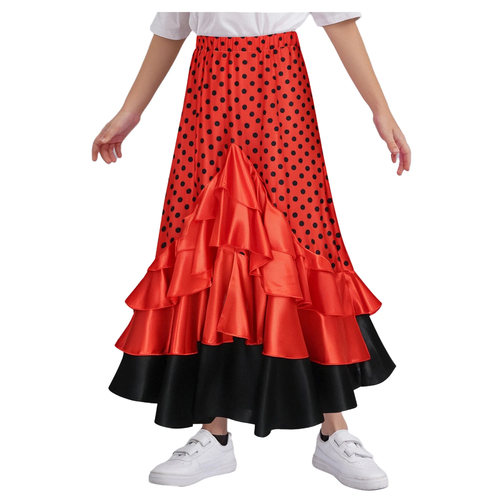 Gonne da ballo di flamenco spagnolo per ragazze per bambini Gonna lunga con volant a strati a pois per costume di Halloween per spettacoli di danza lirica