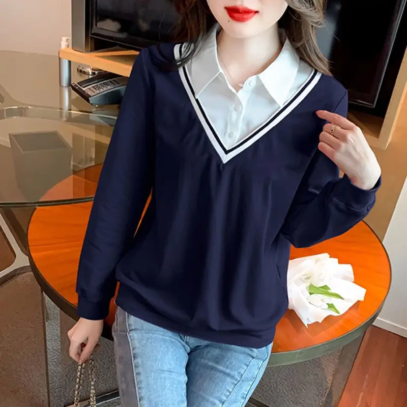 

Женская элегантная футболка с воротником-поло и длинным рукавом из двух предметов, свободная повседневная осенне-зимняя блузка, шикарный многослойный топ 2026, Новое поступление ​