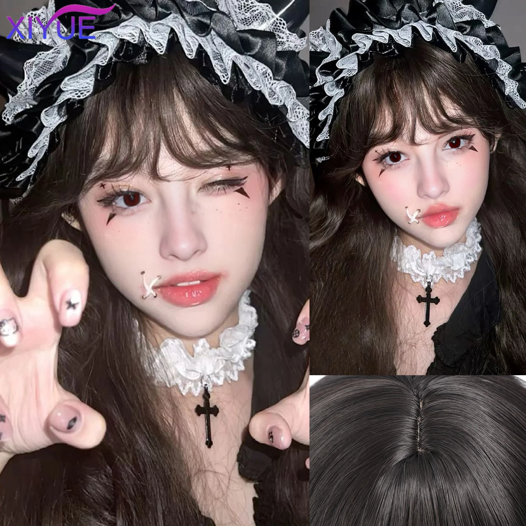 

26 inch brown black Harajuku synthetic wig Lolita double ponytail long curly hair suitable for women