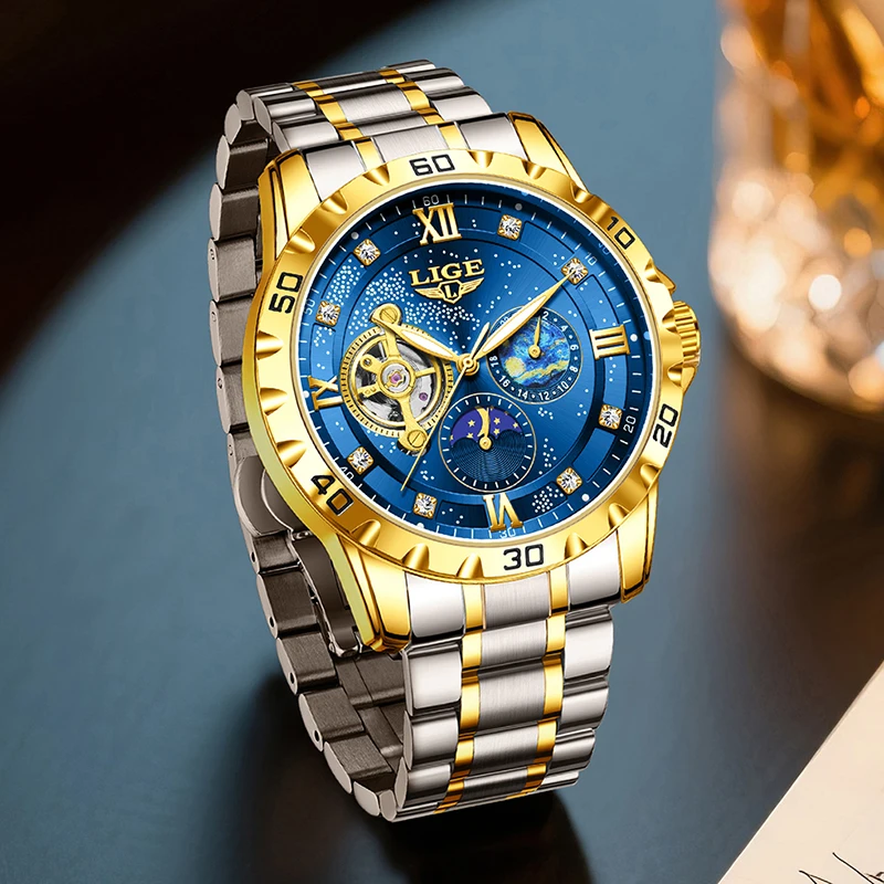 LIGE Automatic Watch for Men Super Luminous Waterproof Moon Phase Man Wristwatch Luxury Sport Mechanical Men Watch Reloj Hombre