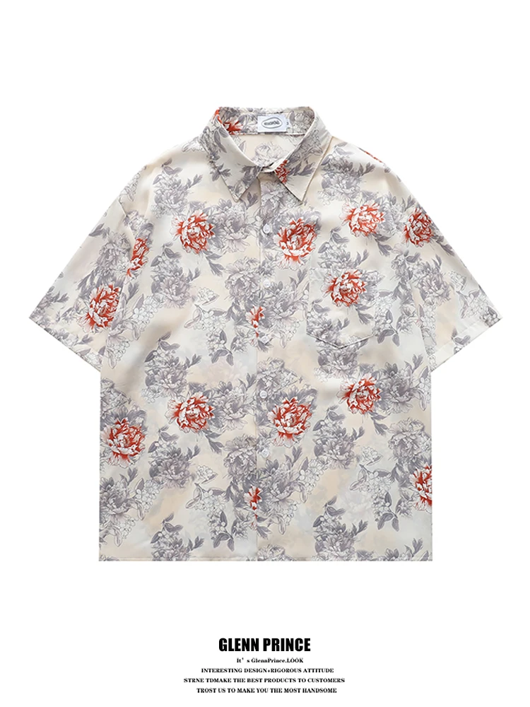 

Мужская повседневная летняя рубашка GPstudio с коротким рукавом, винтажный стиль, с красным цветочным принтом, модная, для отпуска, из полиэстера, свободного кроя
