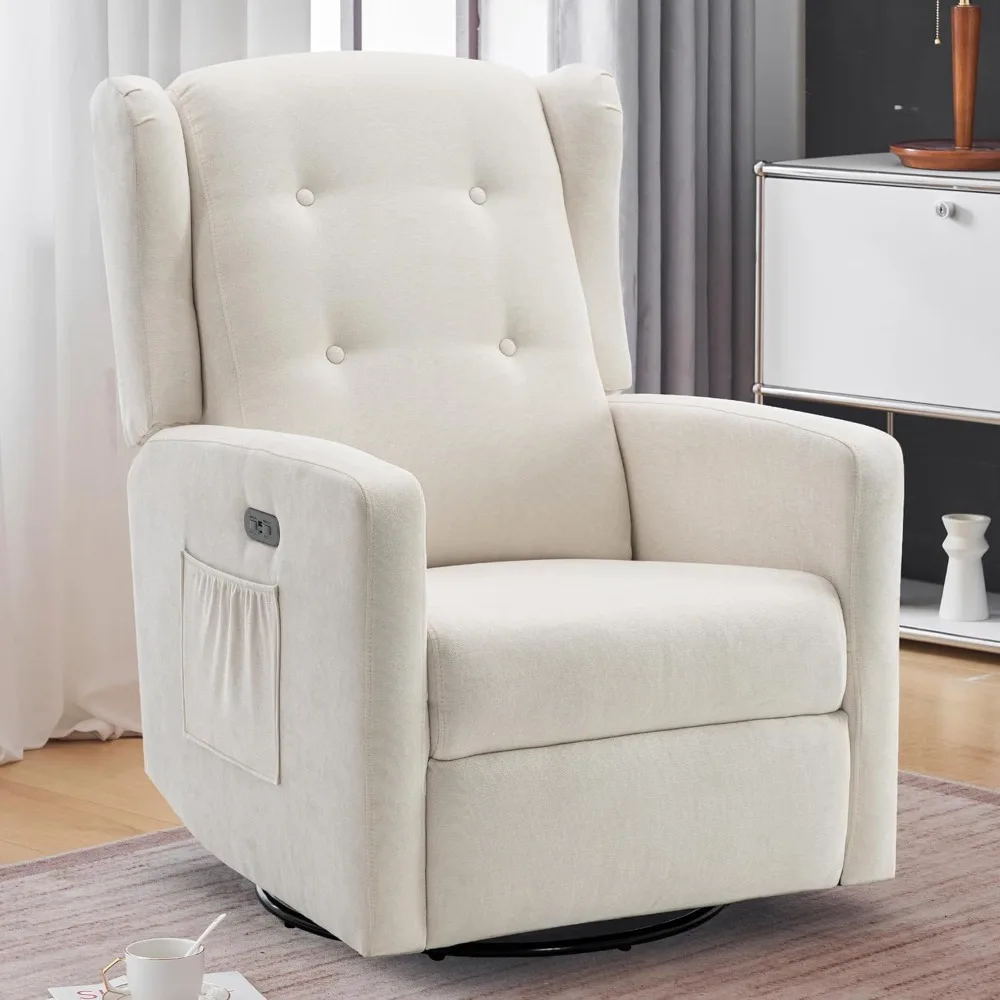 Power Swivel Rocking Recliner Chair, Electric Rocker Nursery Glider Chair, USB and Type-C Ports, Upholstered Fabric Reclining Si