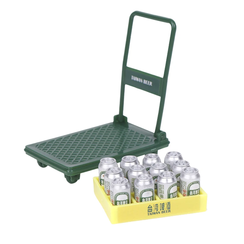 Dollhouse Mini Handcart Furniture Parts Acessório de compras Carrinho de supermercado, Caixas de bebidas, Modelo para Doll House Decor, 1 conjunto