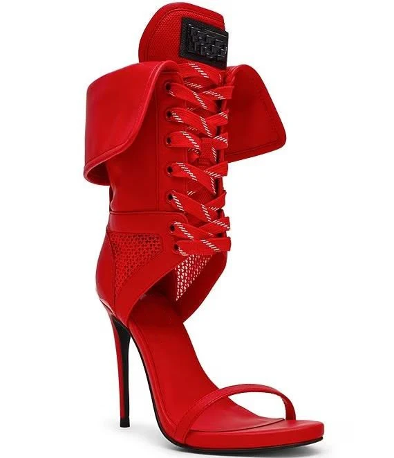

2026 Women Red Patchwork Lace-Up Sandals Open Toe Stiletto Heels Runway Sandals for Women Summer One Strap Cross Tied Shoes