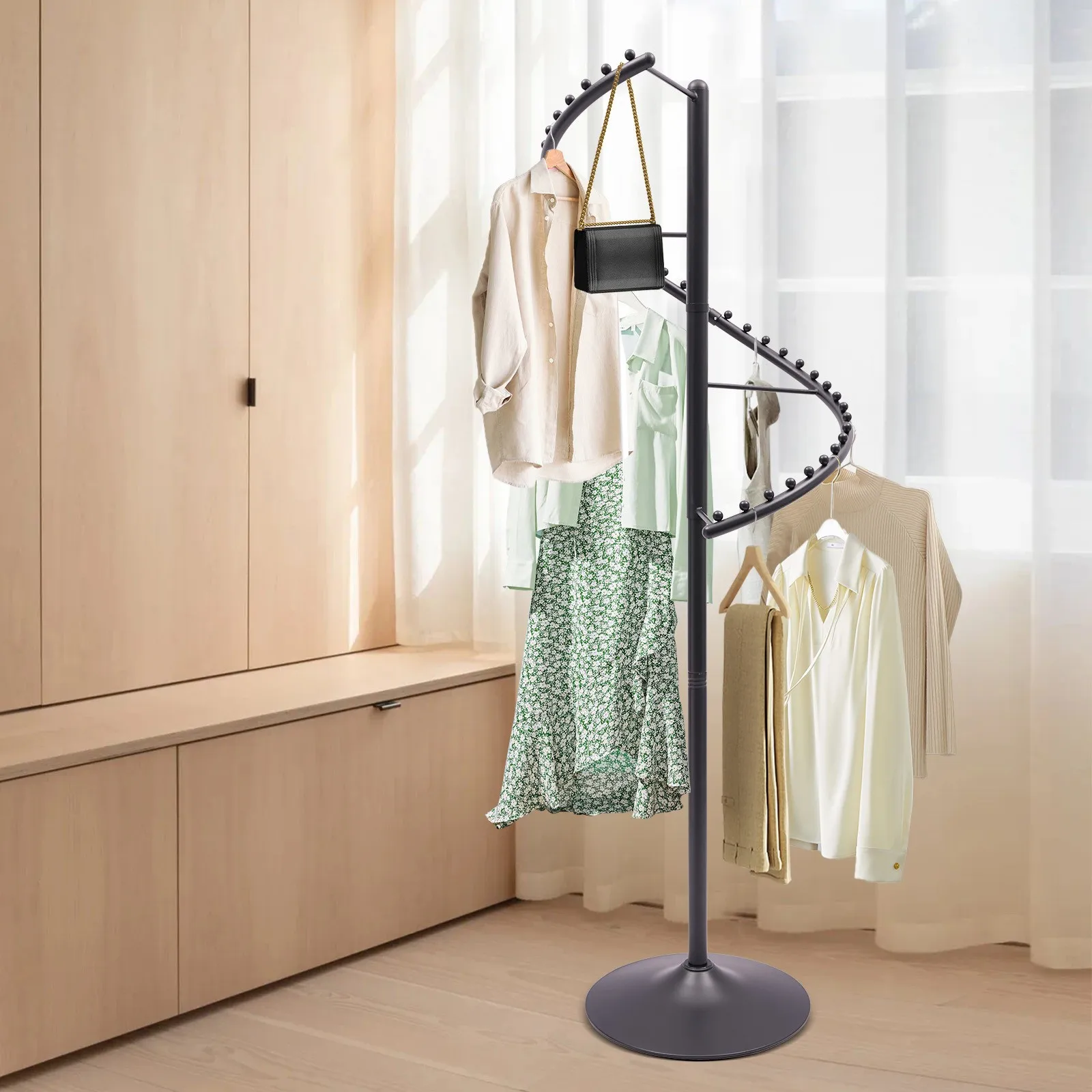 

Спиральная вращающаяся вешалка для одежды, черный напольный органайзер для одежды на 360 градусов, сверхпрочная металлическая вешалка для одежды 1,8 м