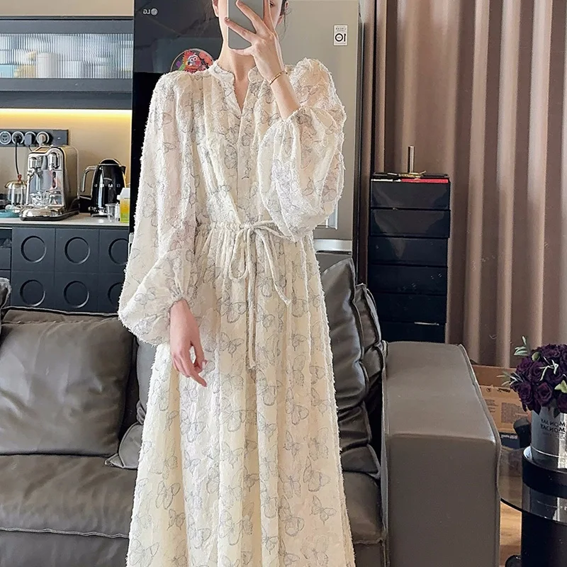 

Women's 2024 New Summer KPOP Fashion Style Sexy Oversized Casual Office Lady Hollow Out Print V Neck Long Sleeve Sweet Dresses