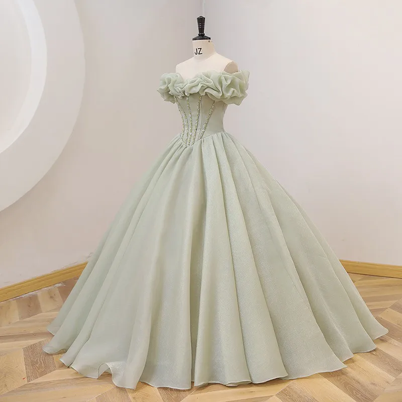 

Green One-Shoulder Prom Dress Women's Vocal Art Exam Performance Costume Evening Party Host Princess Style High Waist Lace We...