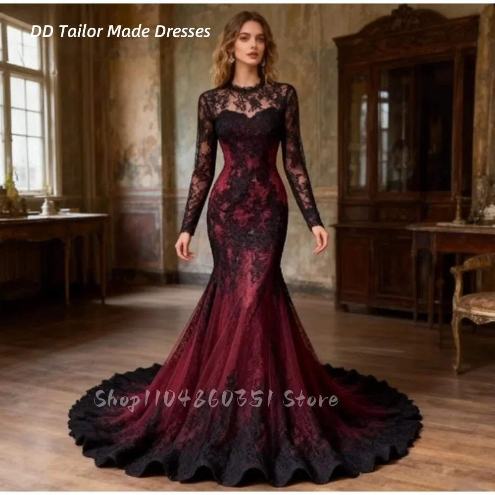 

Vintage Black And Burgundy Lace Mermaid Wedding Dress Open Back Long Sleeves Gothic Bridal Gown Customized bride Reception Dress