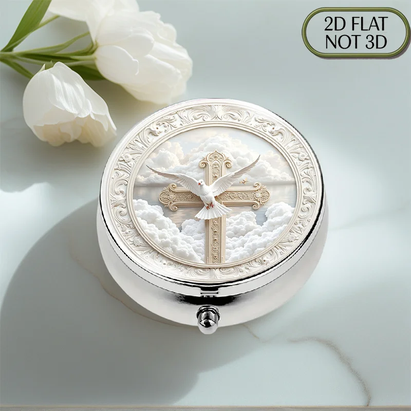 (Flat) 1pc food-grade portable round metal pill box, featuring exquisite white dove and golden cross patterns, suitable for travel and as a gift. It can be used to store and organize small decorative items, making it a perfect gift for friends or relatives. Travel essentials, medicine organizer, Dove Design, decorative box, lightweight case, portable container, compact storage box, for travelers, daily medication users