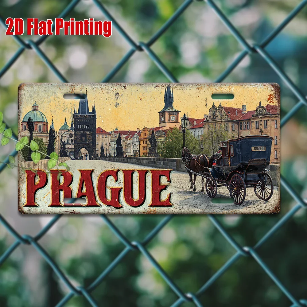 HD Aluminum Metal Sign, Prague Czech Republic Vintage License Plate Style Wall Decor, Retro Charles Bridge Horse Carriage Cit