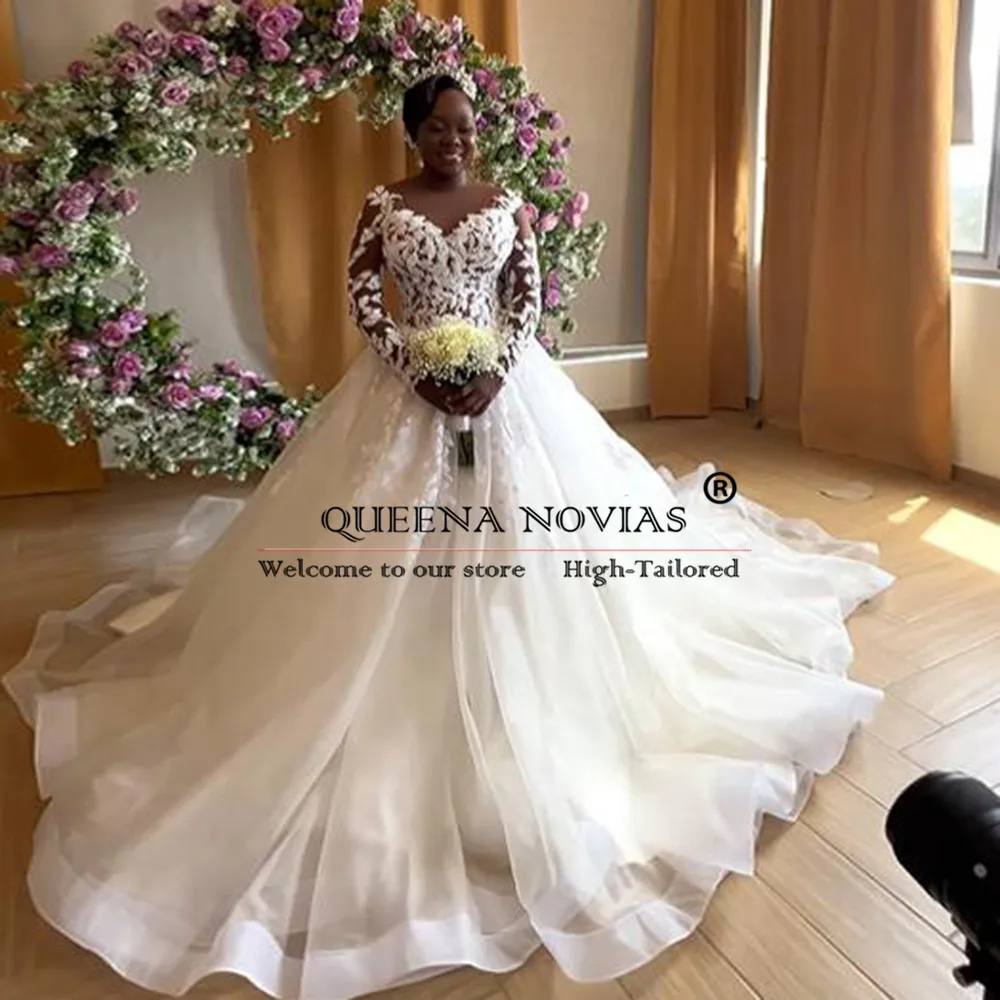 Arabic Tulle A Line Wedding Dresses Plus Size O Neck Black Grils Marriage Long Sleeves Appliques Beads Bridal Gowns Bespoke 2024