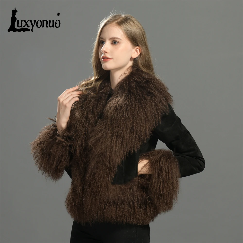 Luxyonuo echte leren jas met pluizige Mongoolse schapenbontversiering Winter warm lederen jas Damesmode bovenkleding Herfst