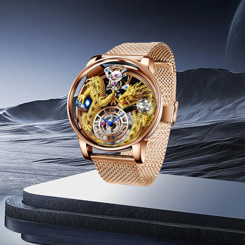 PINDU New Waterproof Watch Unique Base Dial Decorated With Starry Sky Chart Miniature Tianlong Earth Model No Dead Angle Watch