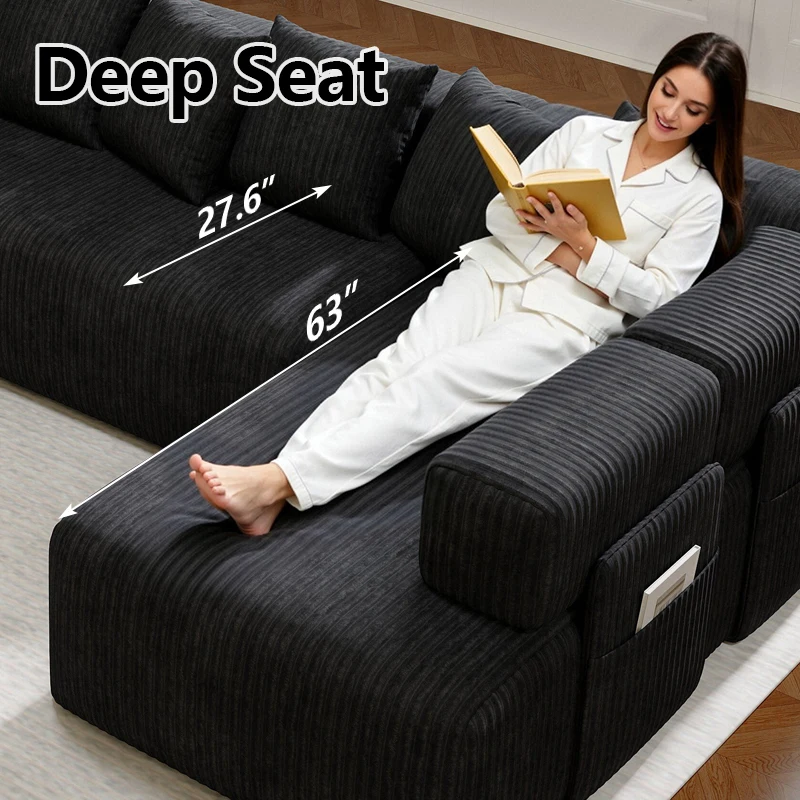 146.5inch Extra-Large U-Shaped Modular Set (Consisting of Three Components), Designed with Frameless Compressed Corduroy Fabric, Can Be Freely Converted into a Modern Living Room Folding Sofa Bed, with Space-Optimizing Smart Transformation, No Assembly Required for Leisure and Comfort, a Perfect Holiday Gift Choice for Modern Families.
