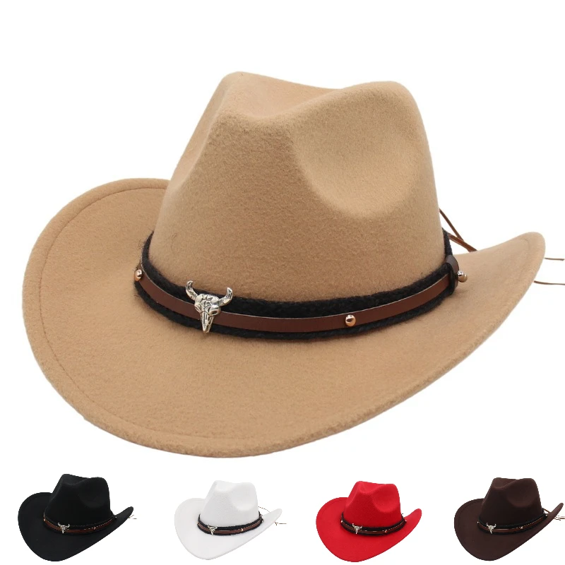 

Vintage Western Felt Cowboy Hat with Small Bull Head Decor Ethnic Style Curved Brim Fedora for Men and Women Party & Performance