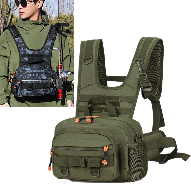 Men Tactical Fishing Backpack with Rod Holders Lure Chest Bag Gear Storage Bag Molle Outdoor Hiking Fanny Pack Hunting Rig Pouch