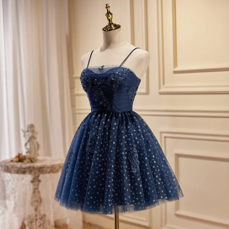 AnXin SH-Petite Robe de Soirée Noire en Dentelle, Tenue Courte Personnalisée, Bretelles Spaghetti, Perles de Clip, Bleu, Princesse Nef