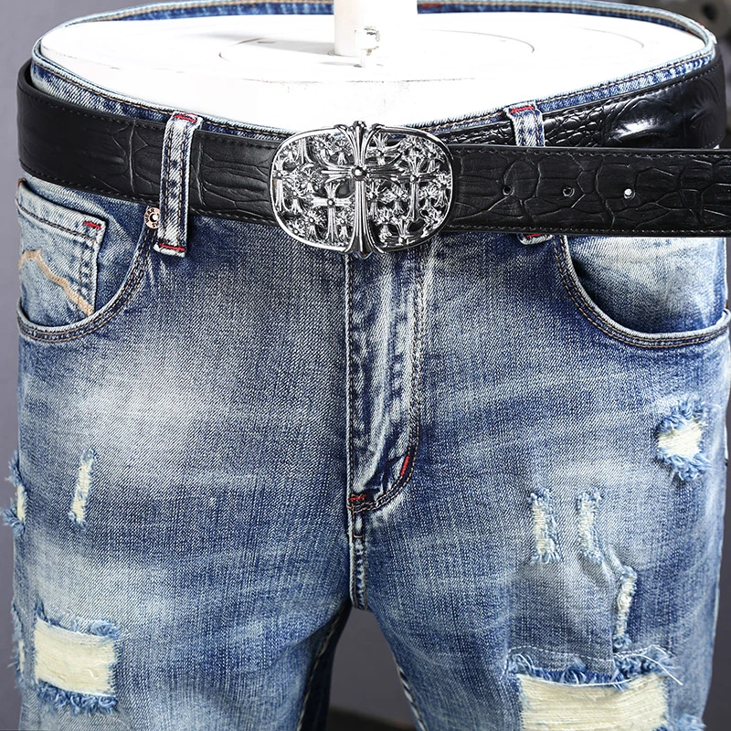 Men's Light Blue Ripped Denim Shorts Street Tide Brand Retro Summer Thin Casual Trendy All-Match Shorts