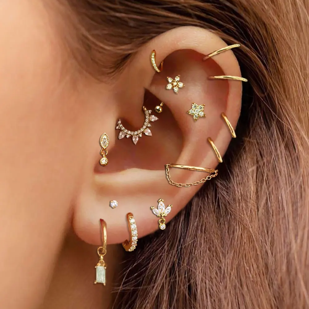 Conch Tragus Helix Daith Flat Piercing Ear Earring Zirconia Star Flower Crown Ear Piercing Jewelry Stainless Steel Hoop Earring