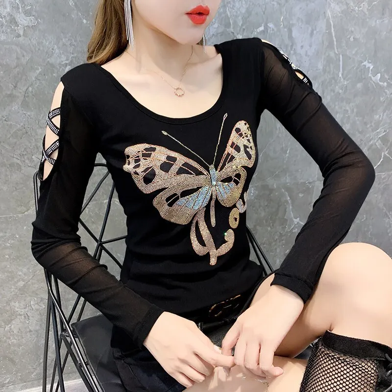 #7909 Black Red Mesh Top Stretch T Shirt Women Butterfly Backless T Shirt For Girl Sexy Club Off Shoulder T-shirt With Diamonds