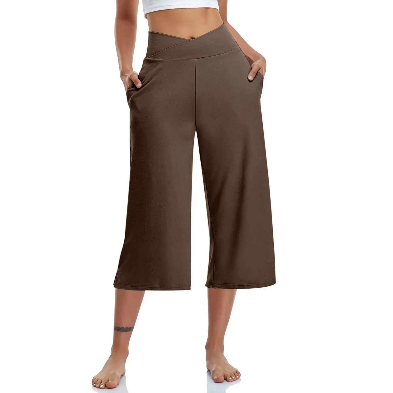 Women  Elastic High Waist 3/4 Pant Casual Active  Fit Wide Capris Leg Pants Trousers With Pockets Roupas Femininas Ropa Mujer