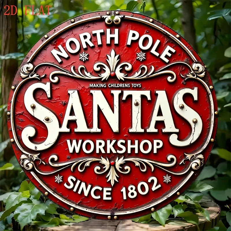 1pc Vintage Santa'S Workshop North Pole Christmas Sign - Red & Golden Holiday Decor with Floral accents, Heavy-Duty Aluminum