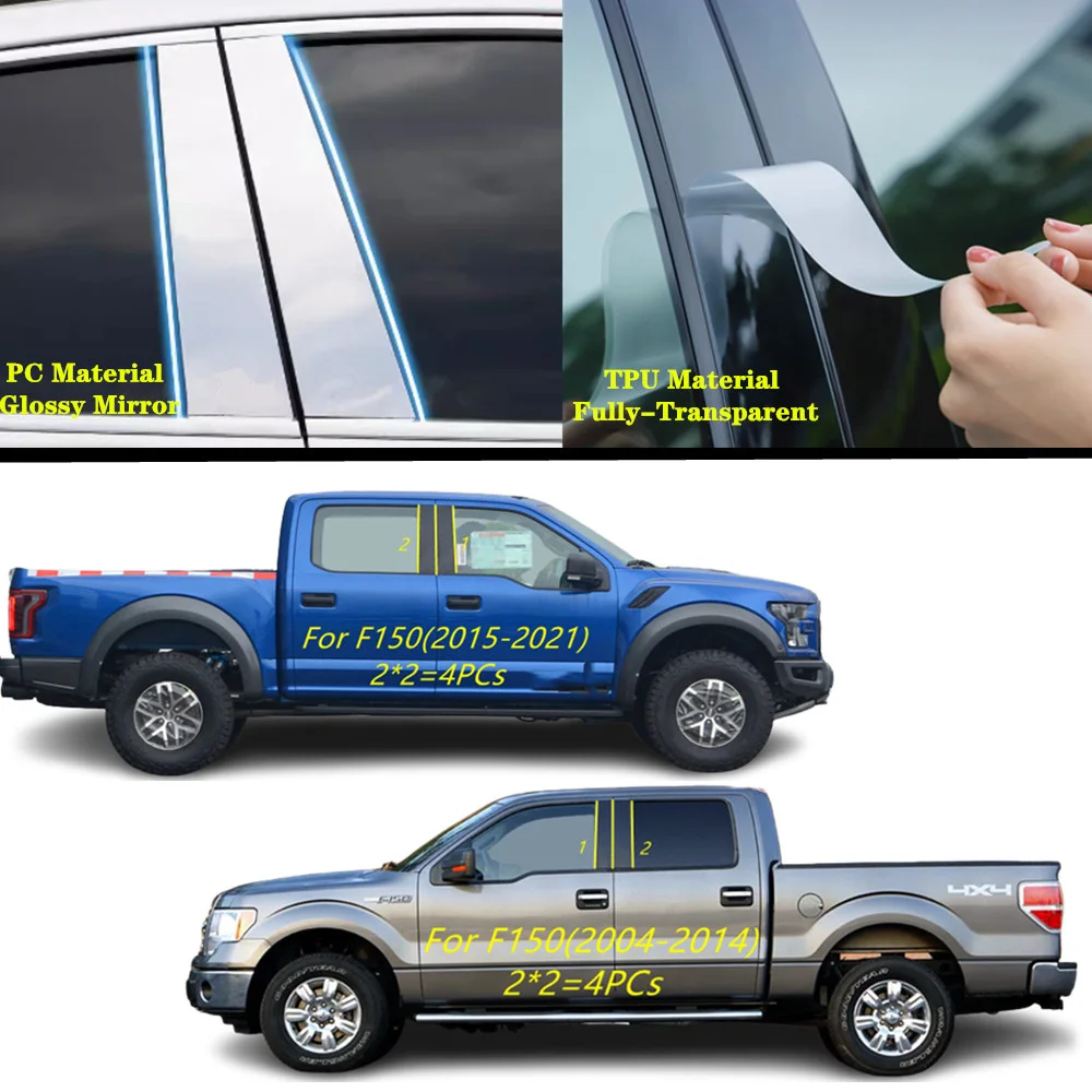 

For Ford Raptor F-150 F150 2004-2014 2015-2021 TPU/Glossy Mirror Pillar Post Cover Door Trim Window Molding Sticker Accessories