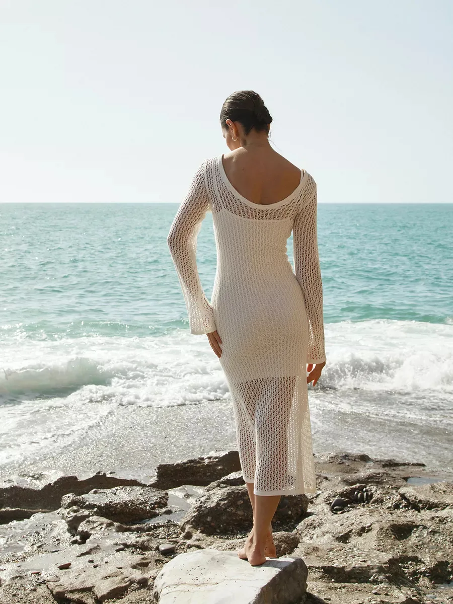 Vestido largo de playa de verano, conjunto de dos piezas para mujer, Bikini para cubrir, vestidos calados sexis, trajes de vacaciones de protección solar