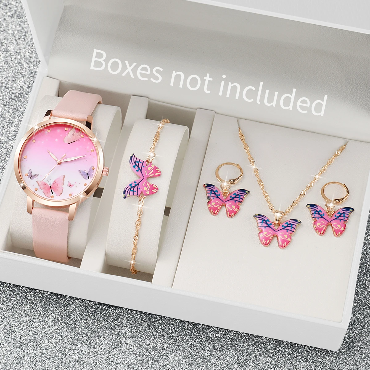 5PCS/Set Women\'s Watch Fashion Butterfly Dial Leather Band Quartz Watches Jewelry Set（Without Box）