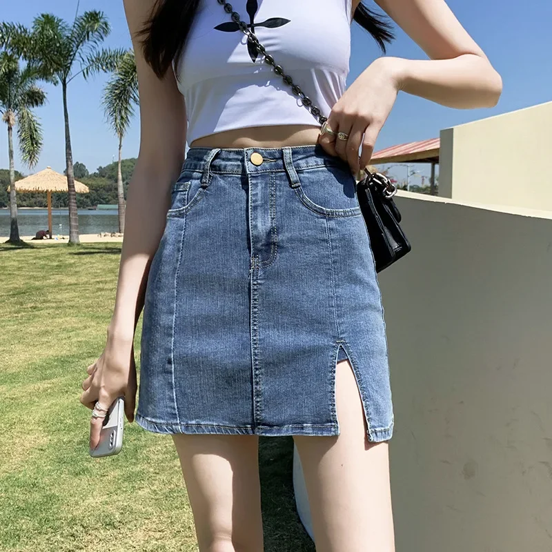 Cowboy Short Skirt for Women In Summer High Waisted Split Elastic Half Body Retro Bag A-Line Skirt Leisure