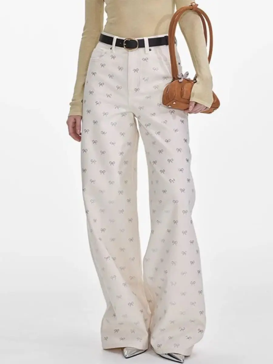 

Bow Diamond Decoration Women Wide Leg Jeans 2025 New High Waist Straight Sweet Female Denim Long Pants