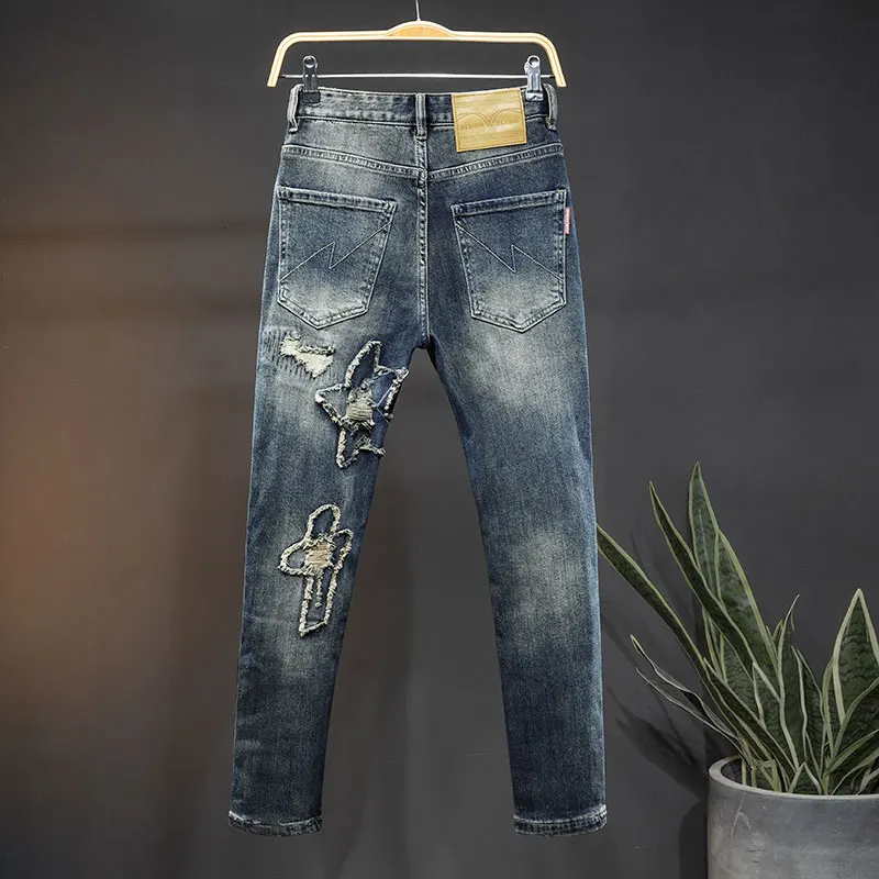 2024 New Ripped Men's Jeans Stretch Slim Fit Ankle Tight Trousers Youth Street Trend Personality Motorcycle Trousers