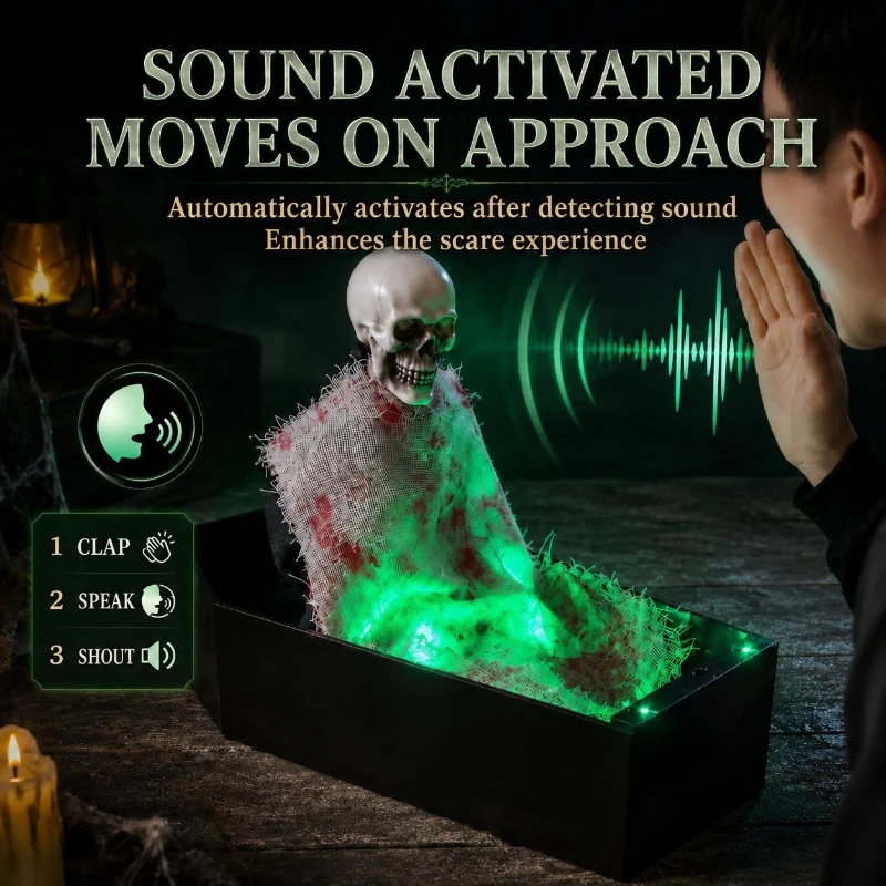 Halloween Skeleton Coffin Voice Activated Horror Sound LED Light Up Yard Outdoor Garden Party Decoration Green