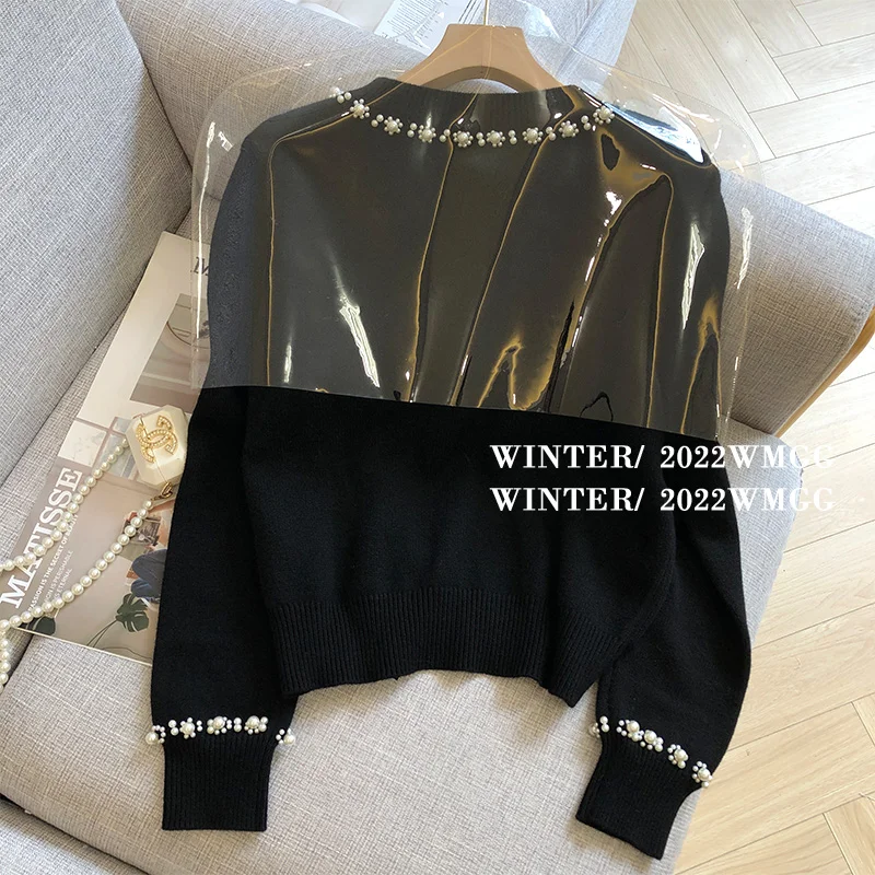 Black Pearl Beading Chic Korean Knit Sweater Cardigan Women 2022 Autumn Fashion Loose Ladies Tops Long Sleeve O-neck Jumpers