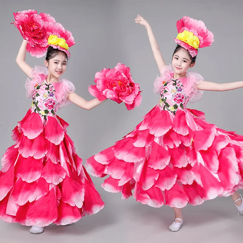 Kid Spanish Dancer Costumes Sexy Flamenco Dancing Dress Outfits Girl Performance Flowers Ballroom Dance Dress 360 Degrees