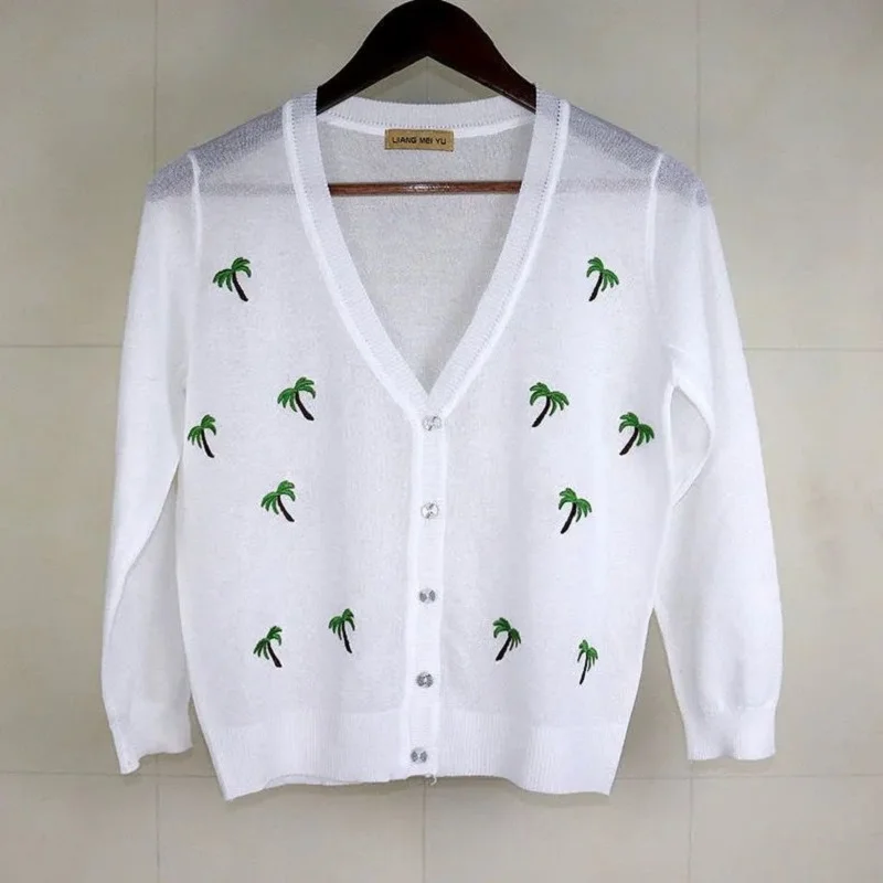 

Womens Knitted Cardigan Embroidered Flowers Thin Sweater