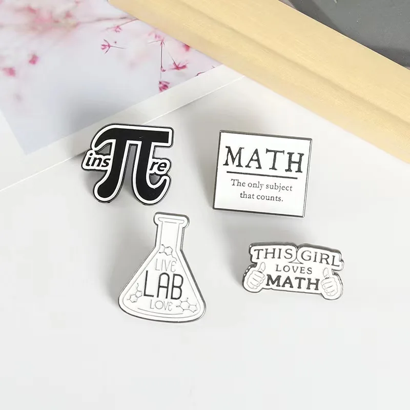 Custom Chemistry Math and Science Metal Brooches Black White Simple Letter Badge Gift for Teacher Student Geek Pi π Enamel Pin