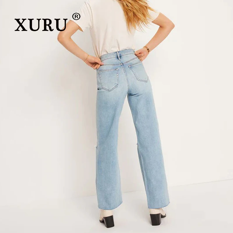 XURU - New women's ripped cropped jeans, y2k loose straight leg light colored long jeans, men's pants