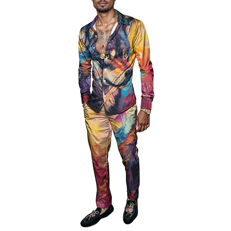 

Spring Summer Men's Shirt Set Wolf Print Fashion Design Universe Theme Breathable Fabric Casual Comfort Fashion Fit Ropa Hombre