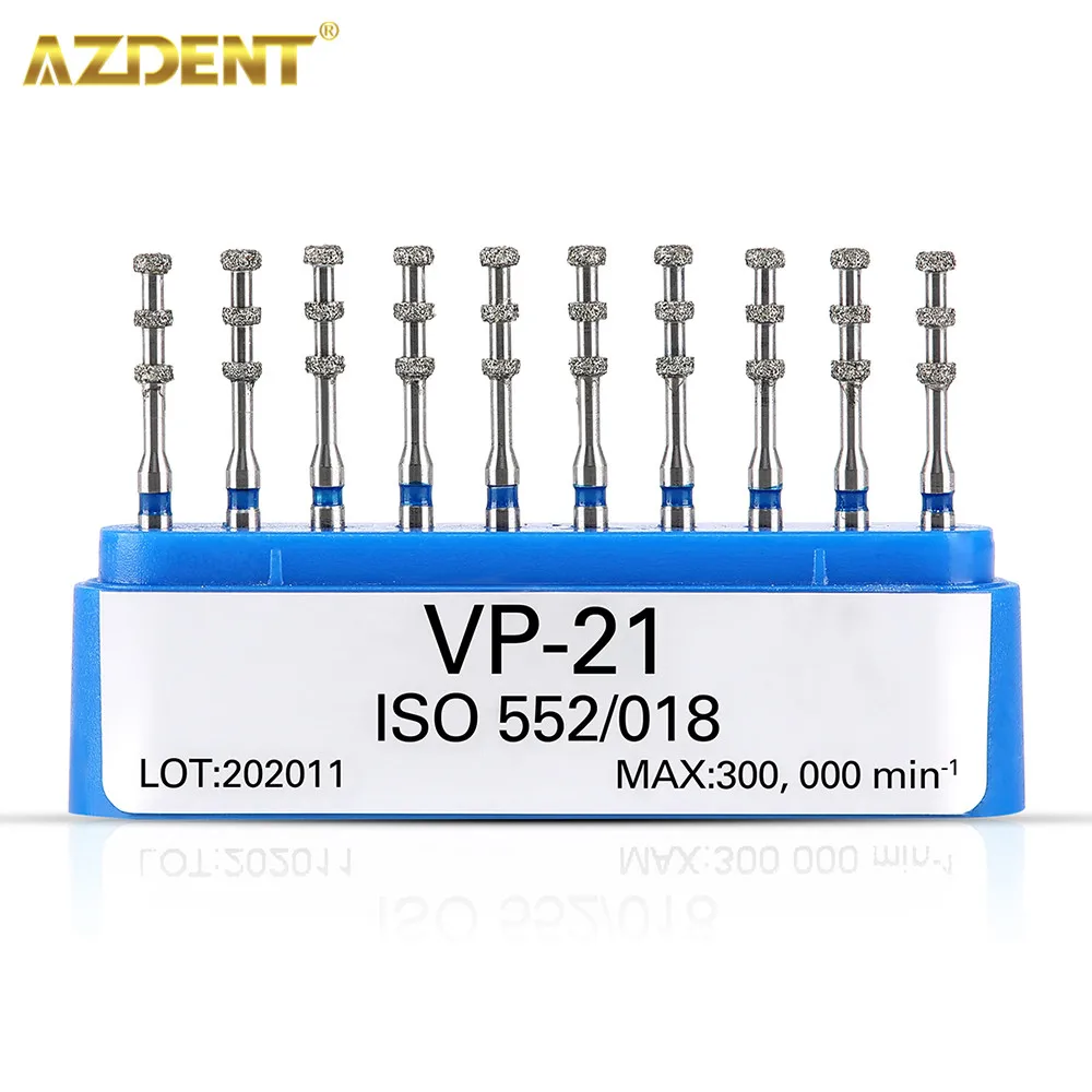 AZDENT-fresas de diamante FG para odontología, VP-21 de profundidad, grano medio, pieza de mano de alta velocidad, máximo 1,6 rpm/min, 10