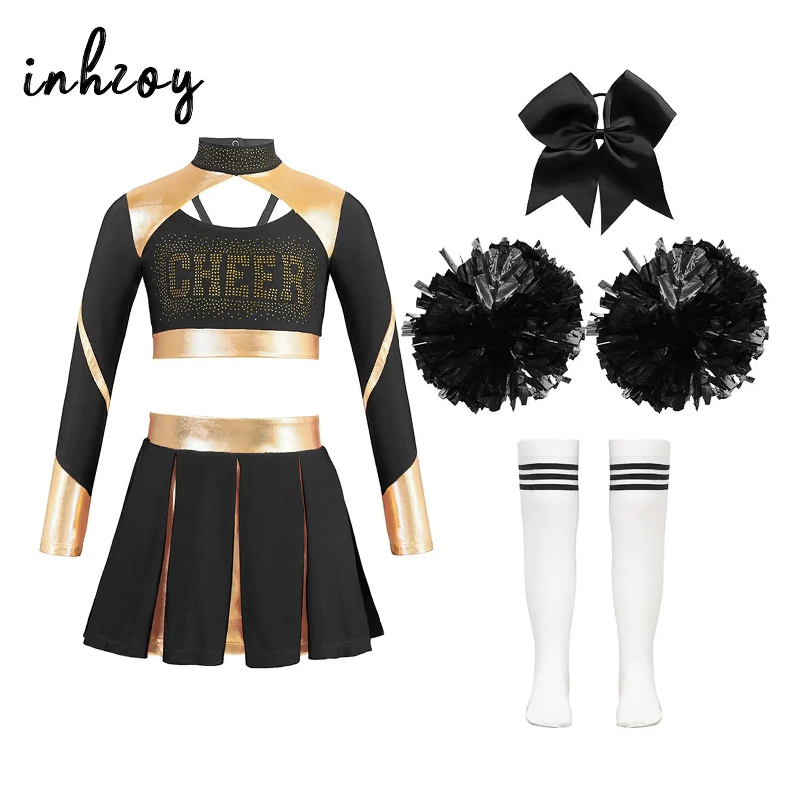 Girls Cheerleader Costume Set Cheerleading Outfit Rhinestones Letter Print Crop Top Pleated Skirt Striped Stockings Flower Balls