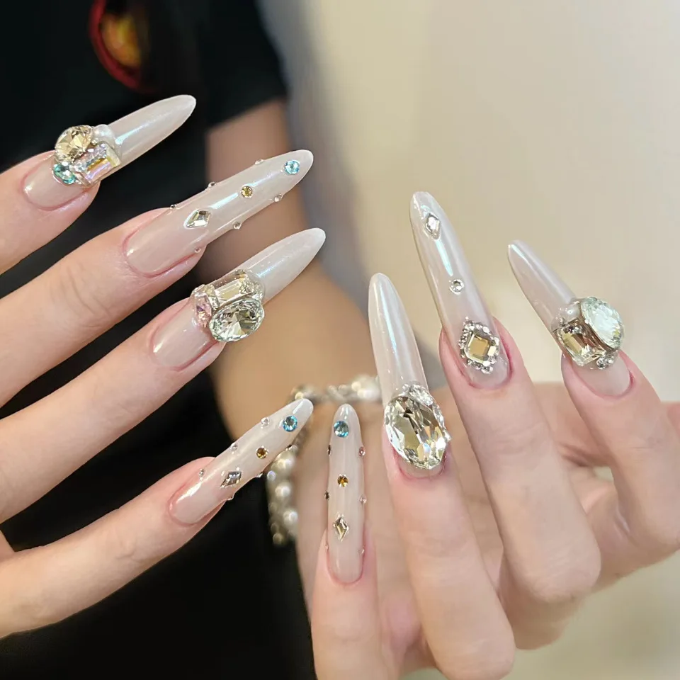 24pcs Long Almond Fake Nails Press on Nails Waterproof Wearable Manicure French Diamond Nails Full Cover Nail Tips False Nail