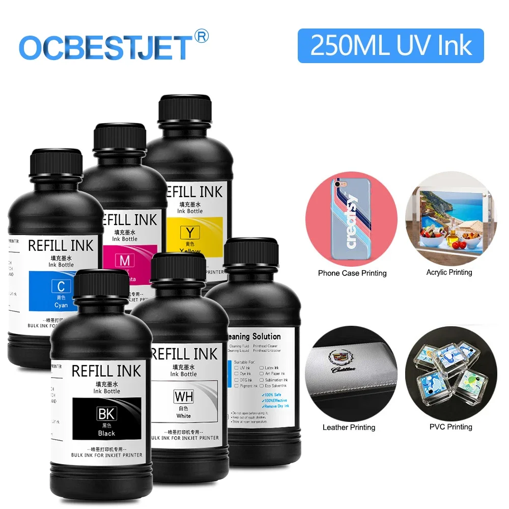 5 Color 250ML UV Curing Ink With Cleaner For Epson XP600 TX800 L800 L805 R290 L1800 1390 XP-600 TX-800 DX5 DX7 DX10 UV Printer