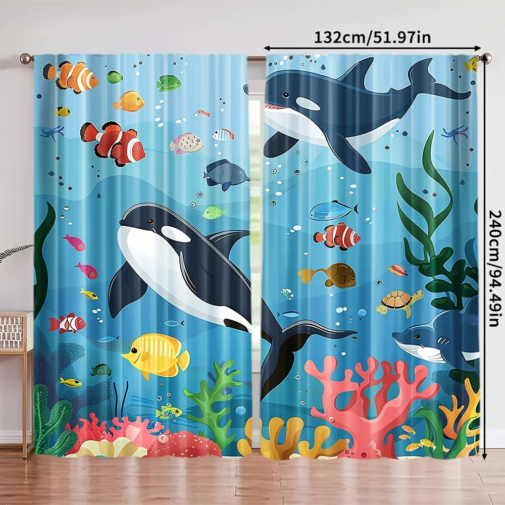 Cute Dolphin Underwater Ocean Curtain Window Curtain Decorative Kids Room Nursery Bedroom Aquatic Tropical Fish Window Treatment