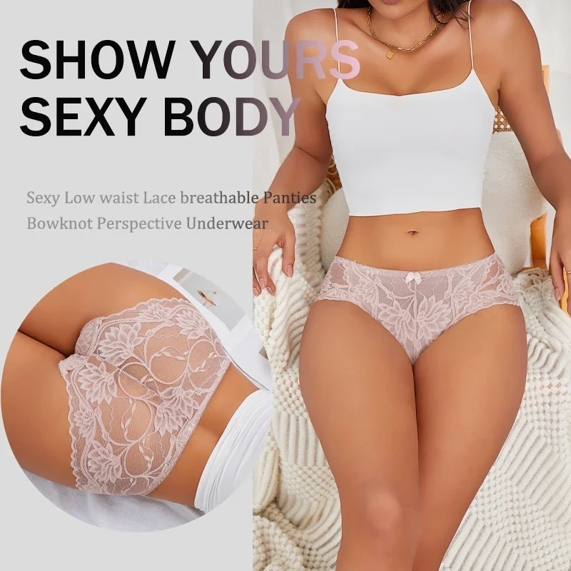 6PCS Sexy Lace Hollow Out Panties For Women Solid Color Perspective Bowknot Underwear Transparent Breathable Intimates Lingerie