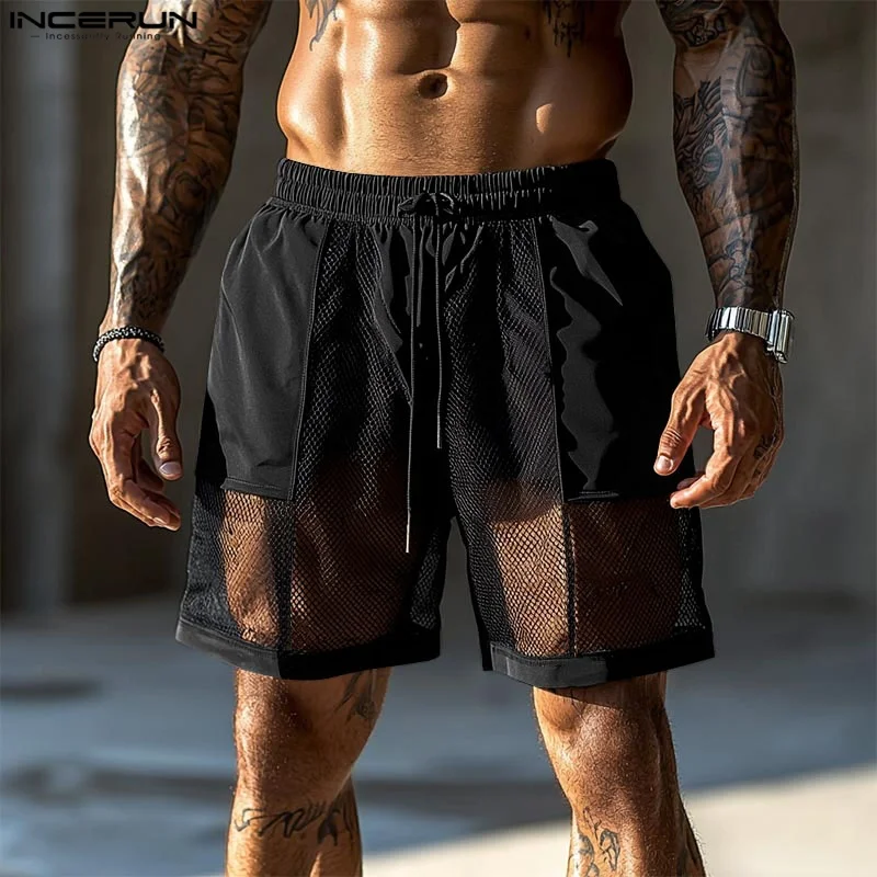 INCERUN Men Shorts Mesh Patchwork Transparent Drawstring Loose Casual Male Shorts Streetwear 2025 Fashion Breathable Men Bottoms